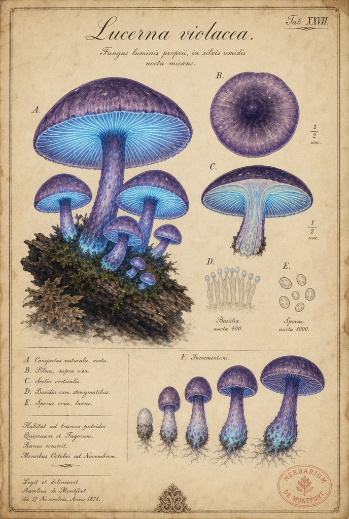 Vintage scientific illustration of glowing violet and blue mushrooms titled Lucerna violacea, with labeled cross-sections and growth stages.