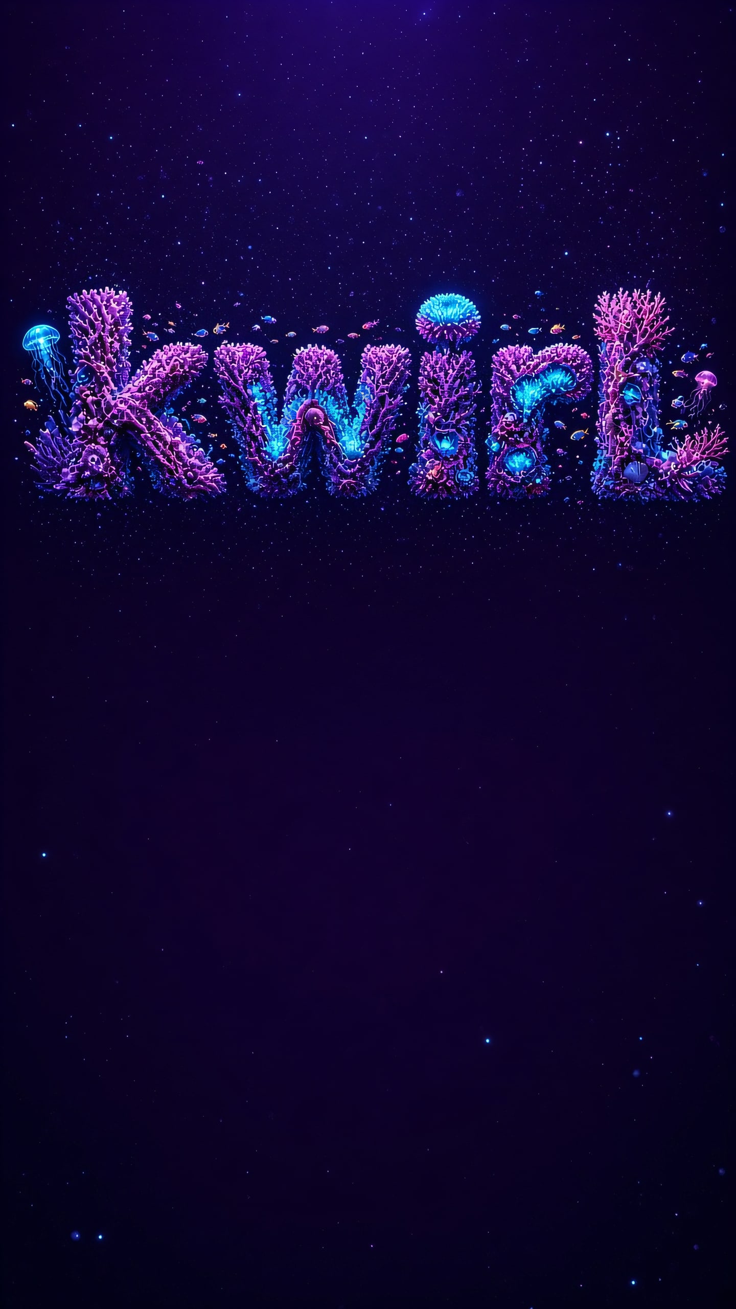 The word kwirl spelled out in a glowing bioluminescent coral reef, with violet coral, cyan anemones, jellyfish and small fish drifting through deep plum water.
