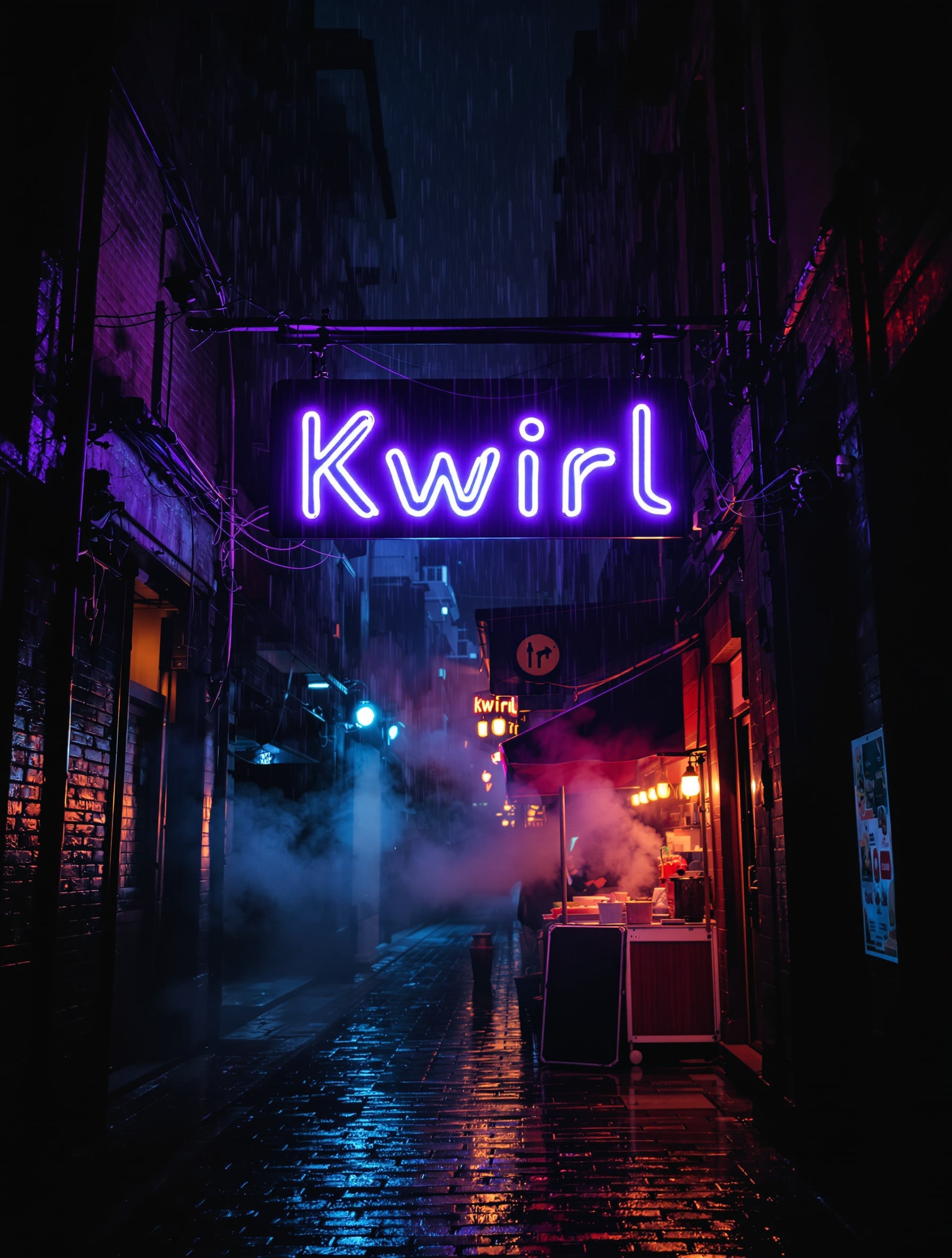 Purple neon sign reading Kwirl over a rainy alley, with a food stall and smaller signs further down.