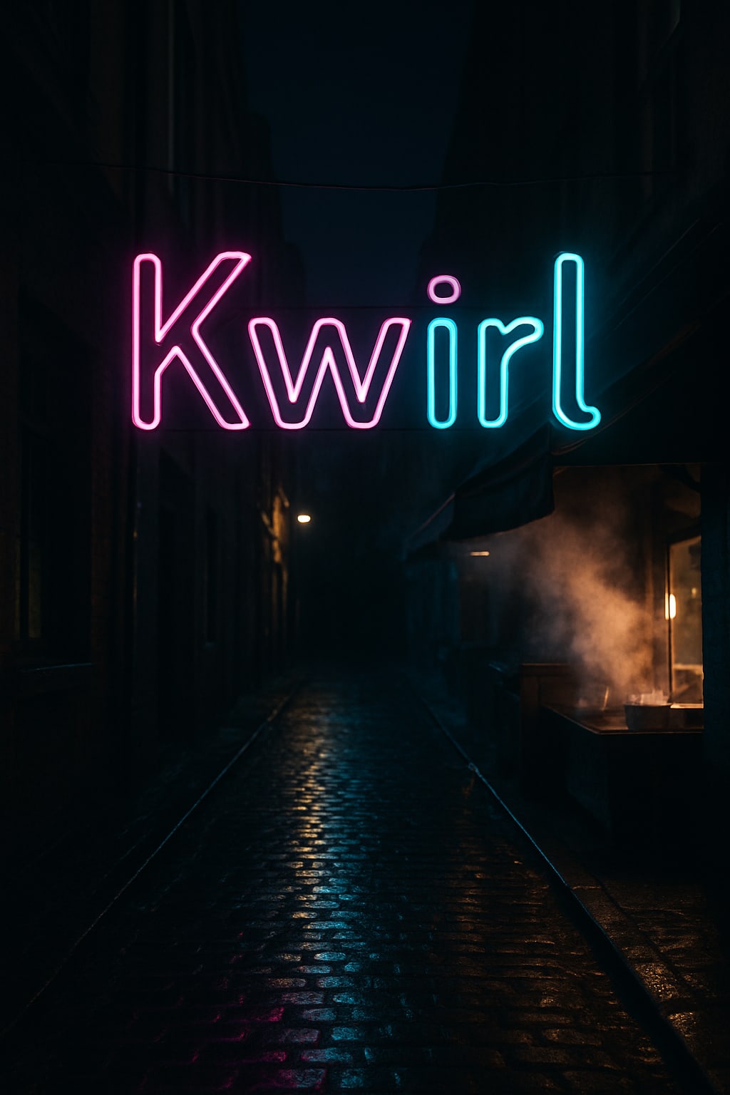 Neon sign reading Kwirl, magenta on the left and cyan on the right, over a dark wet alley with steam from a food stall.
