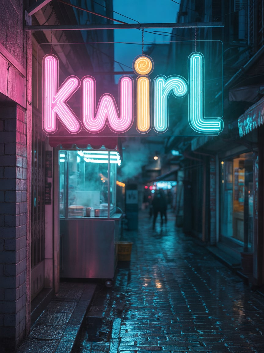 Pink and cyan neon sign reading kwirl, with an orange swirl for the dot of the i, above a rainy market alley.