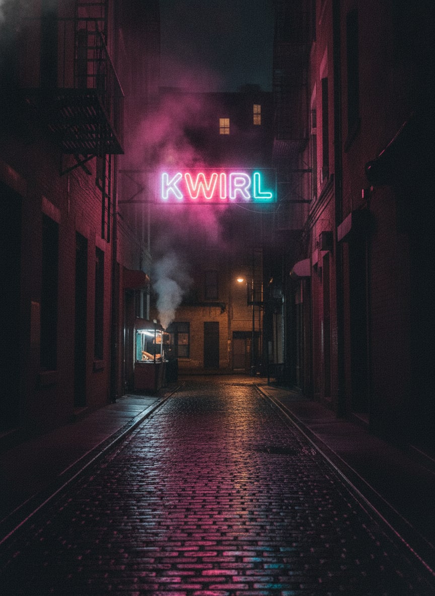 A small neon sign reading KWIRL in pink and cyan, set far down a wet alley filled with pink steam.