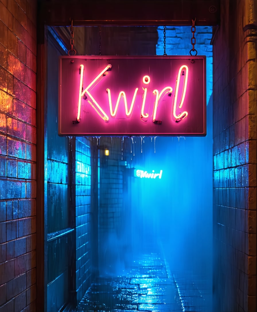 Pink script neon reading Kwirl on a hanging board, with a smaller blue Kwirl glowing in the fog behind it.
