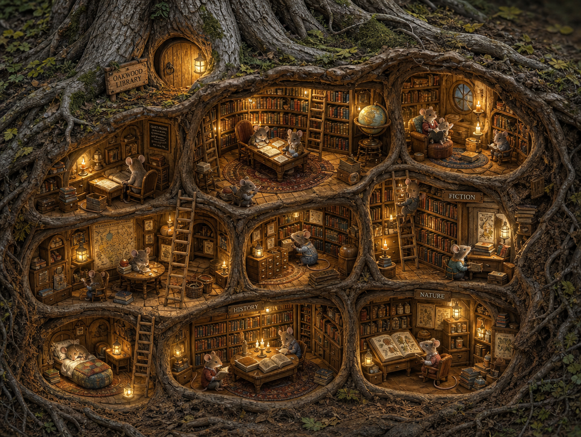 Cutaway of an oak tree's roots holding a many-roomed candlelit library where mice read, climb ladders and sleep.
