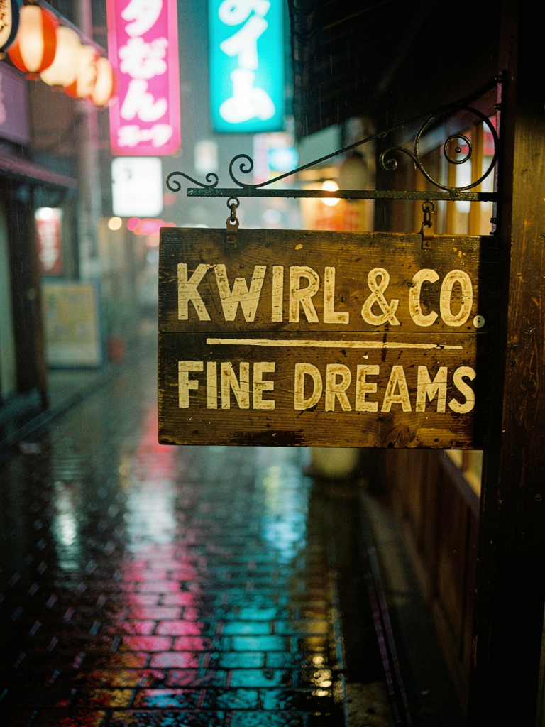 Weathered wooden sign reading Kwirl & Co, Fine Dreams, hanging over a rain-soaked alley lit by pink and teal neon.