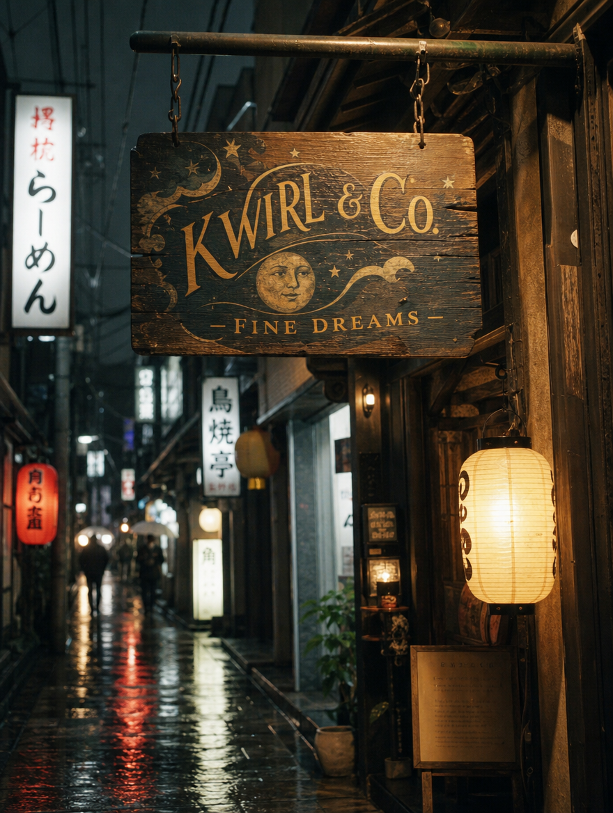 Dark wooden sign with gold script reading Kwirl & Co, Fine Dreams, decorated with a painted moon and stars, beside glowing paper lanterns.