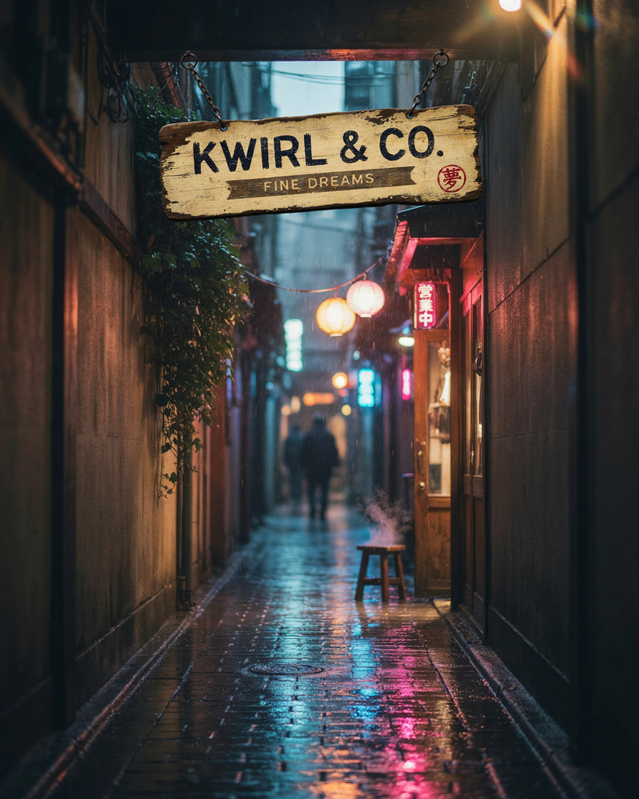 Cream sign with crisp black lettering reading Kwirl & Co, Fine Dreams, strung across a narrow alley with lanterns and a lone walker.