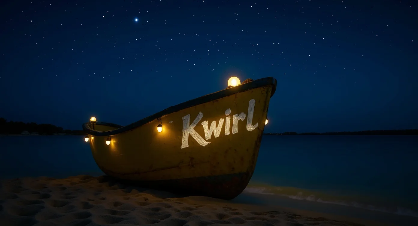 Turn this into a calm blue-hour scene: warm lanterns glowing on the boat, first stars in the sky, keep the boat and lettering exactly as they are.