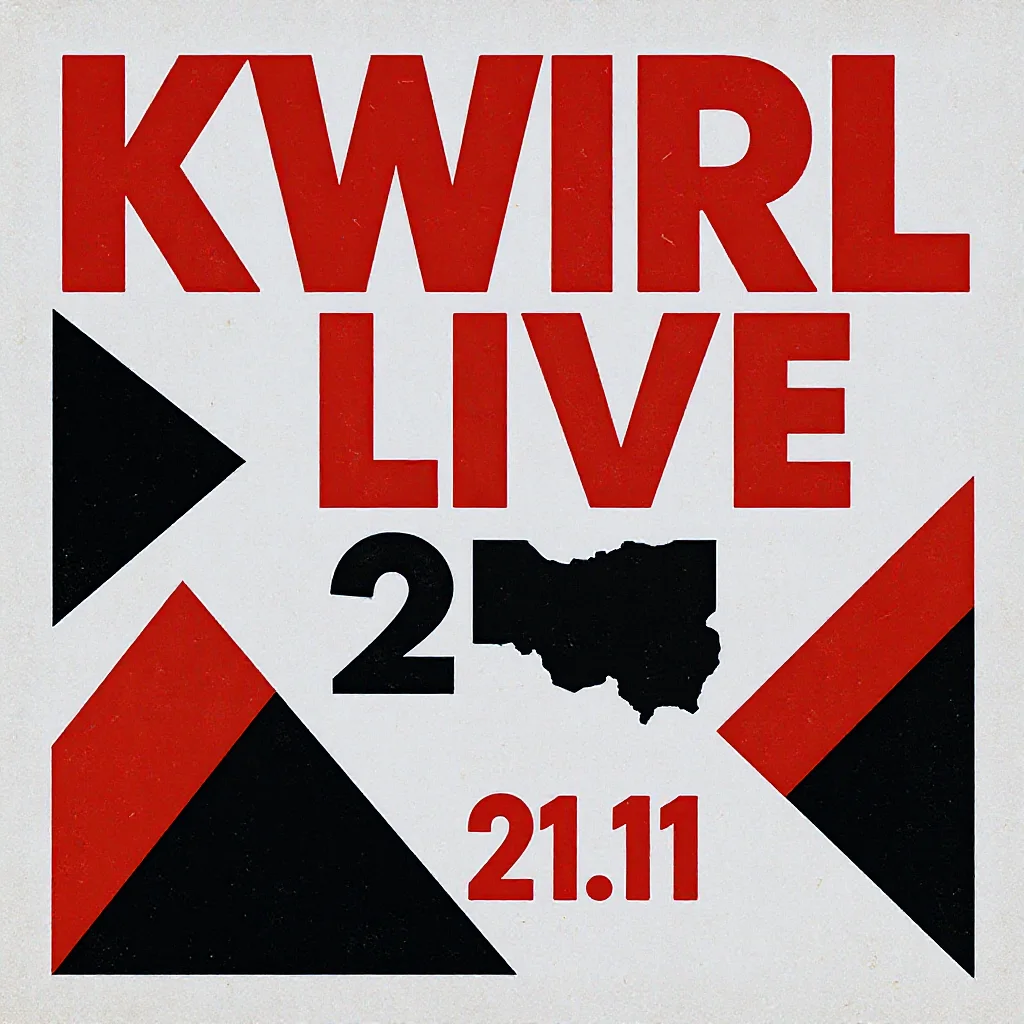 Bold Swiss-style concert poster for "KWIRL LIVE" with big geometric shapes, red and black on cream, date line "21.11".