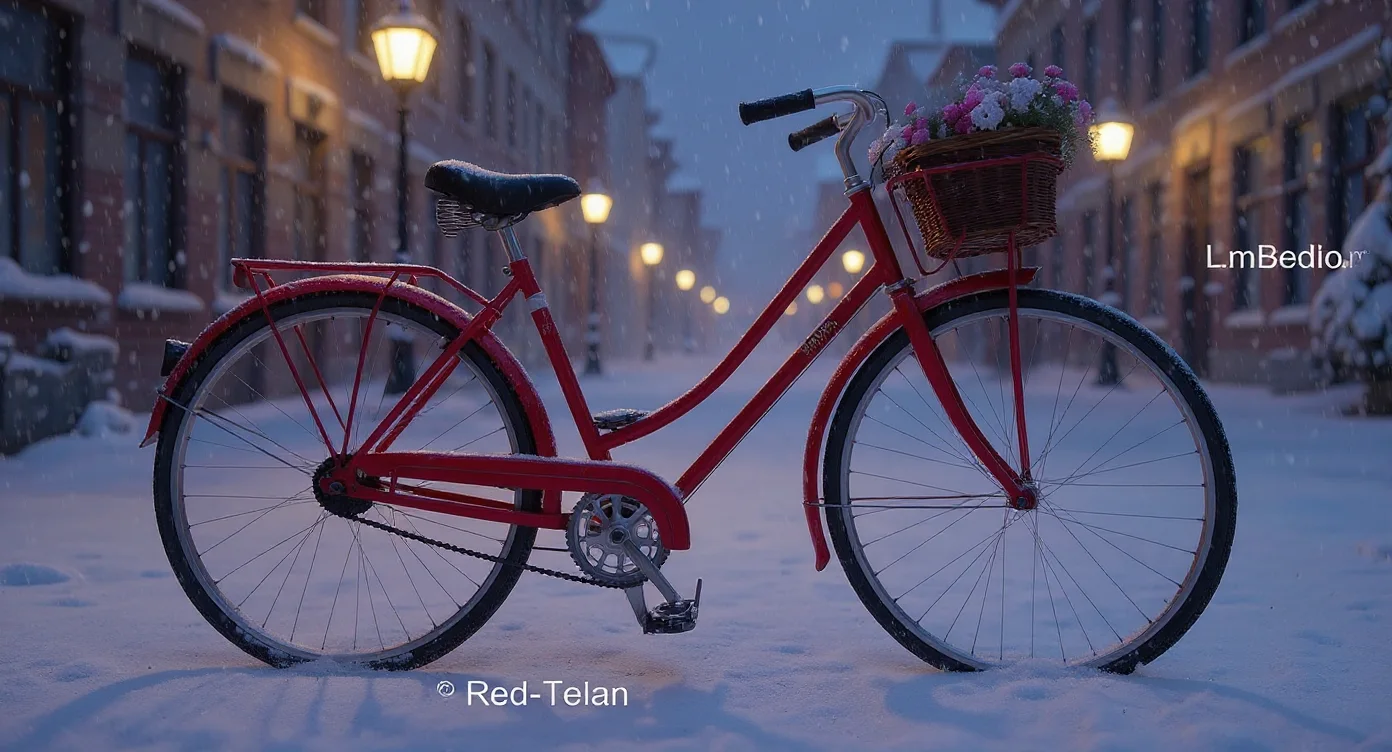 Make it a snowy winter evening with warm street lamps, keep the bicycle and wall colour the same.