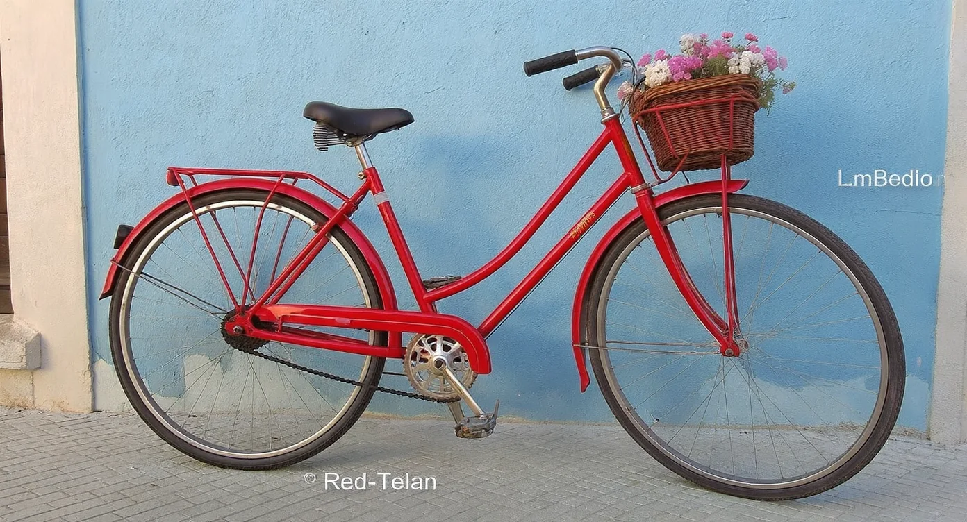 Photo of a red vintage bicycle leaning against a pastel blue wall in Lisbon, flower basket on the front.