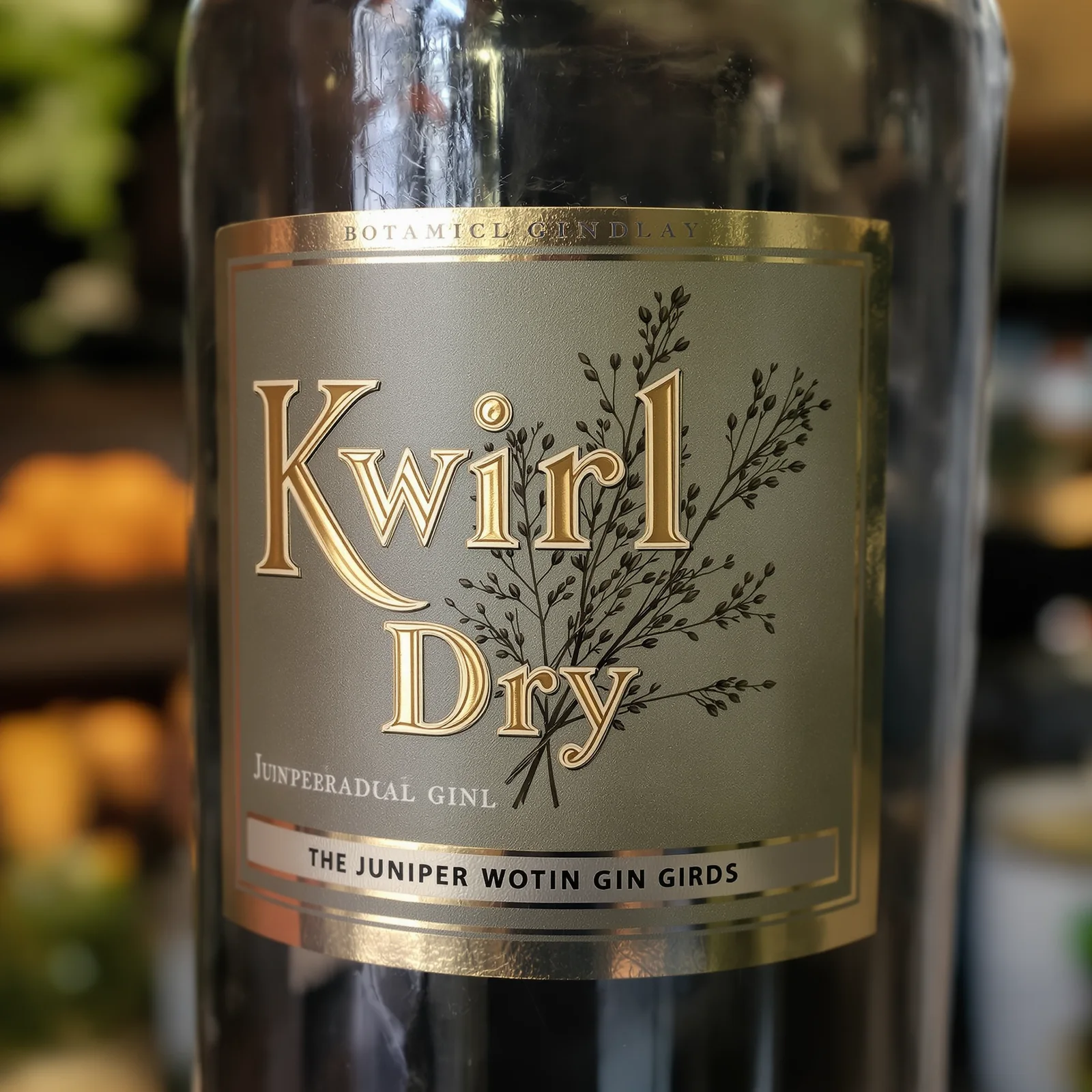 Vintage botanical label for a gin called "Kwirl Dry" with juniper sprigs, gold foil border and serif lettering.