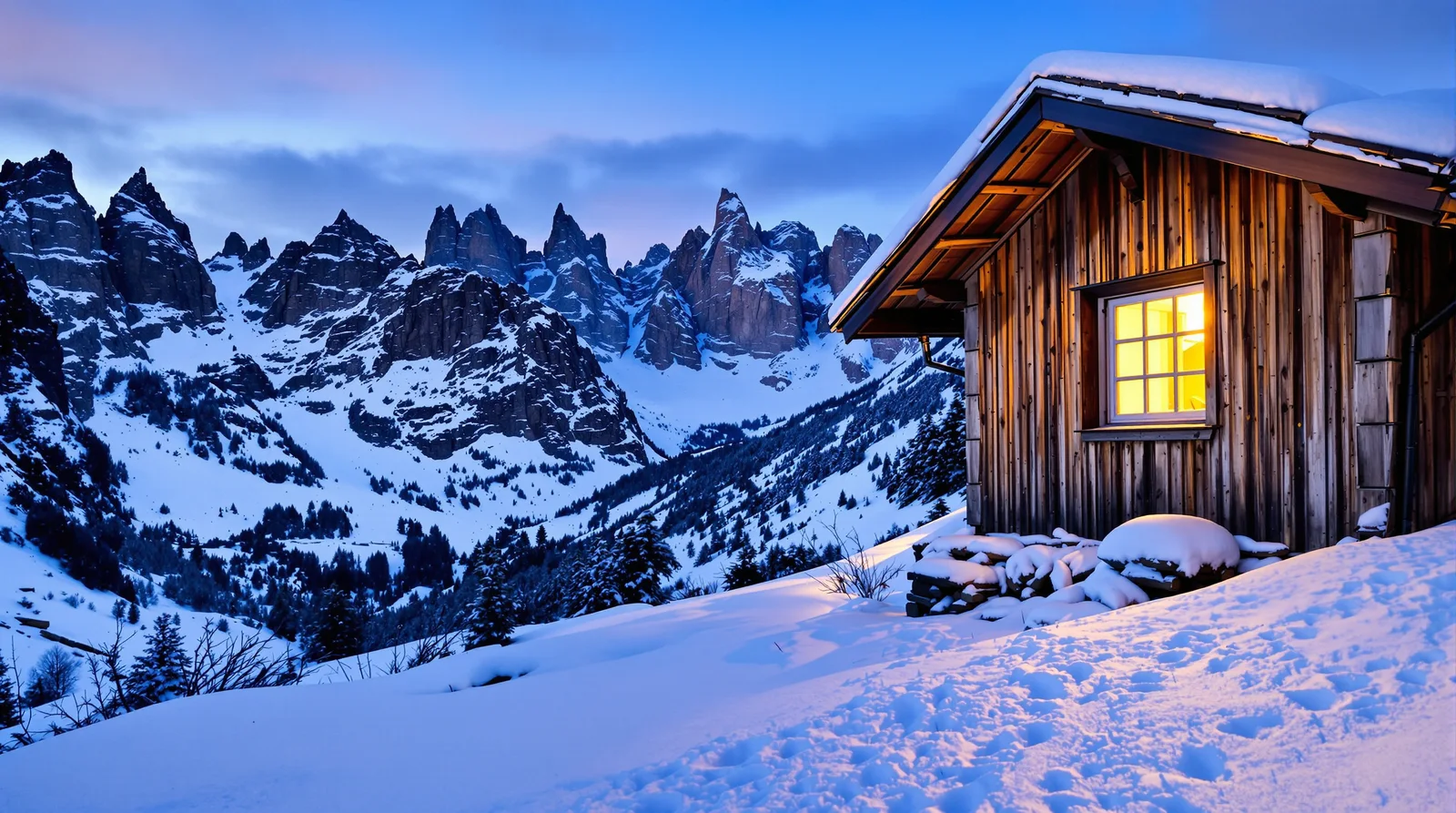 Wide landscape photo of the Dolomites at blue hour, a small wooden hut with one lit window, fresh snow, crisp detail.