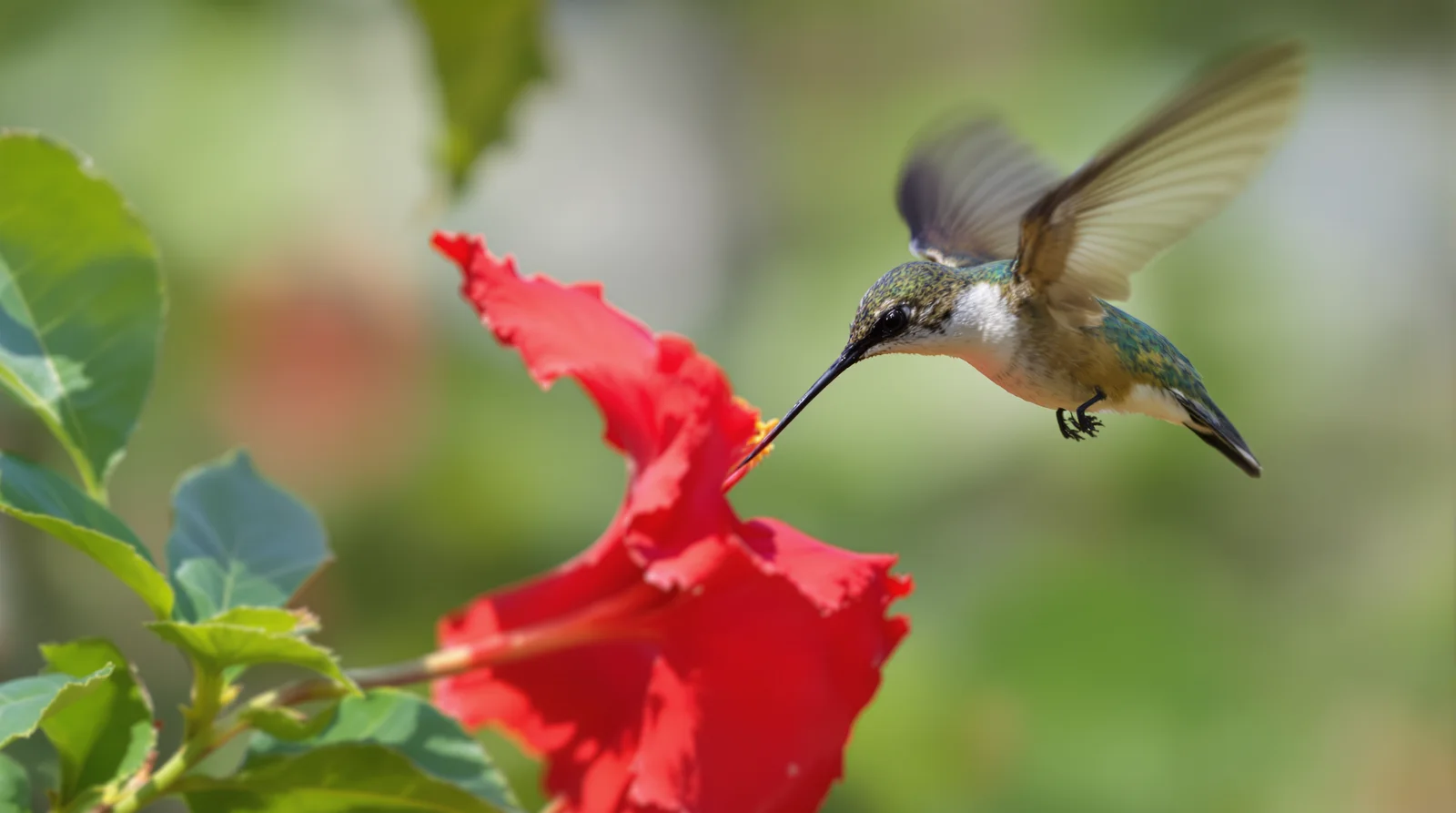 Close-up of a hummingbird drinking from a red hibiscus flower, wings frozen mid-beat, garden background softly blurred.
