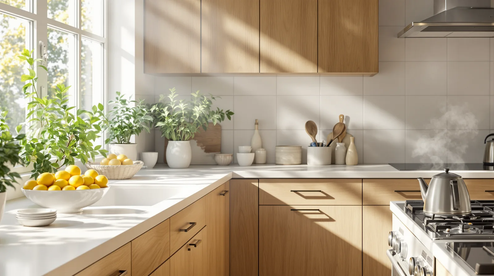 Interior photo of a sunlit Scandinavian kitchen with oak cabinets, a bowl of lemons, steam rising from a kettle.