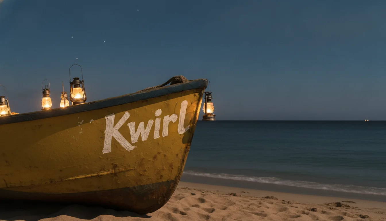 Turn this into a calm blue-hour scene: warm lanterns glowing on the boat, first stars in the sky, keep the boat and lettering exactly as they are.