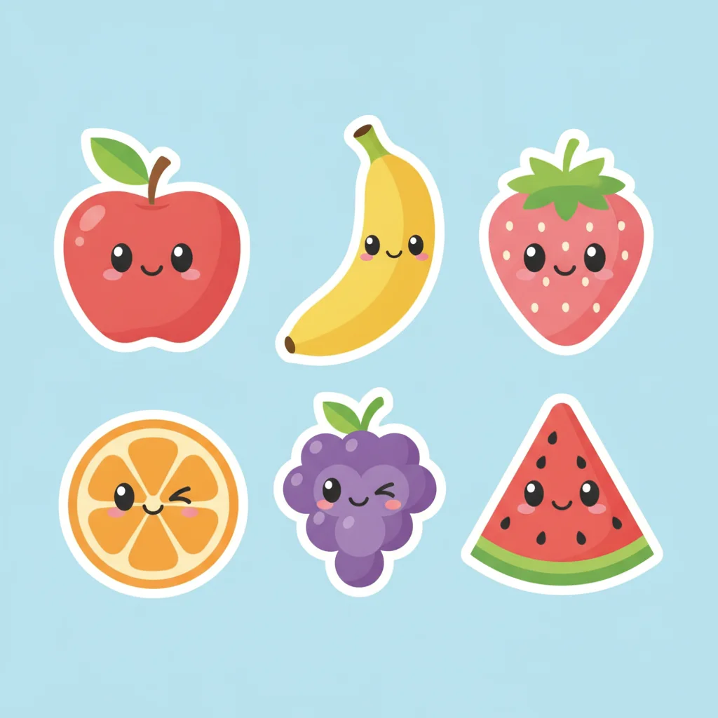 Sticker sheet of six cute fruit characters with kawaii faces, thick white outlines, flat colours.