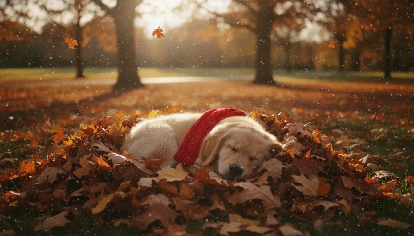 Put a tiny red knitted scarf on the puppy and add light snow falling. Keep the puppy's pose and face the same.