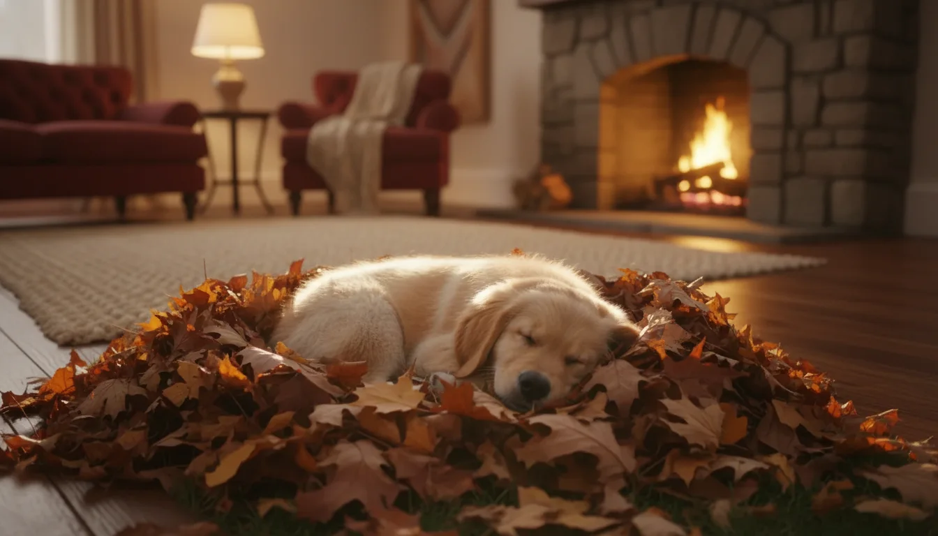 Change the background to a cosy living room by a fireplace. Keep the puppy exactly as it is.