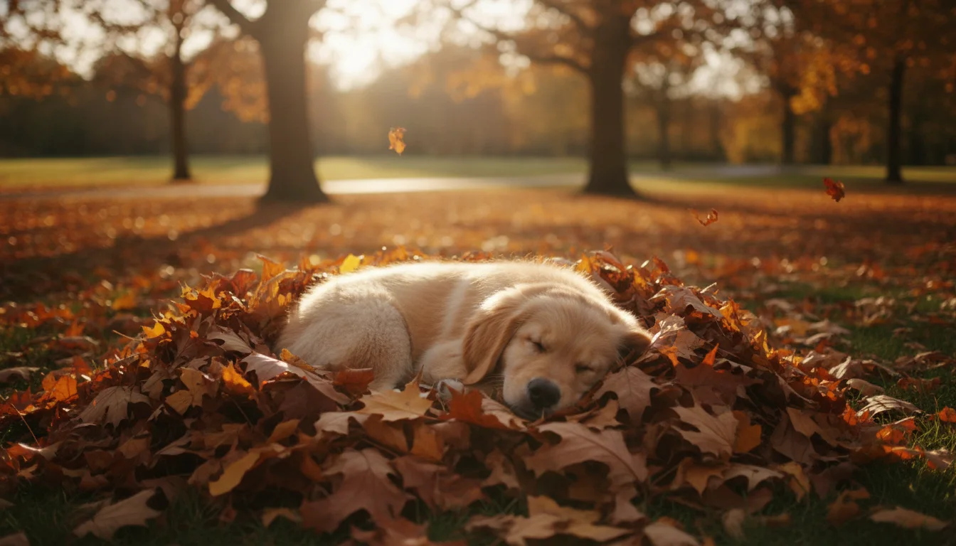 Photo of a golden retriever puppy asleep in a pile of autumn leaves in a park, late afternoon light.