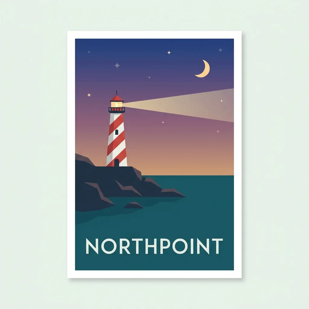 Minimal flat illustration poster of a lighthouse at dusk with the word "NORTHPOINT" in clean sans-serif capitals.