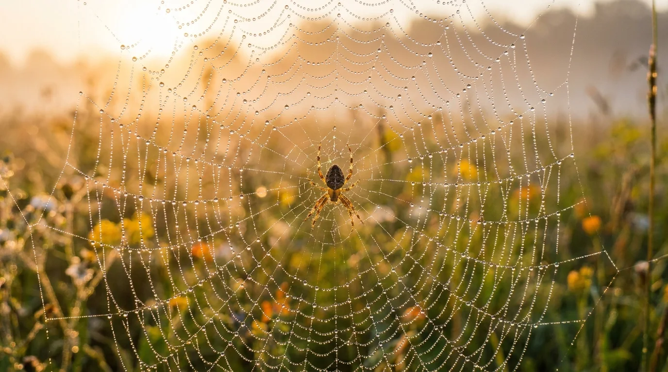 Macro photograph of a dew-covered spider web at sunrise in a misty meadow, soft bokeh, every droplet sharp.