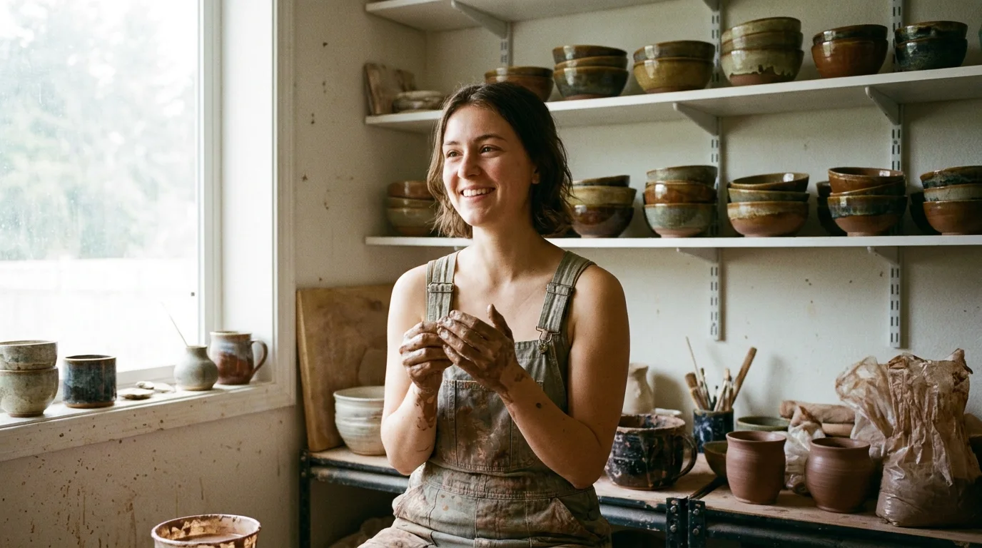Portrait of a young ceramicist in her studio, clay on her hands, window light from the left, shelves of glazed bowls behind her.
