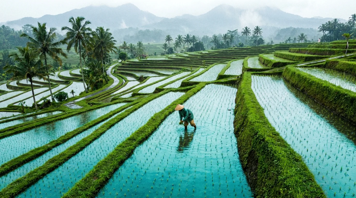 Aerial photograph of turquoise rice terraces in Bali after rain, a single farmer in a conical hat.