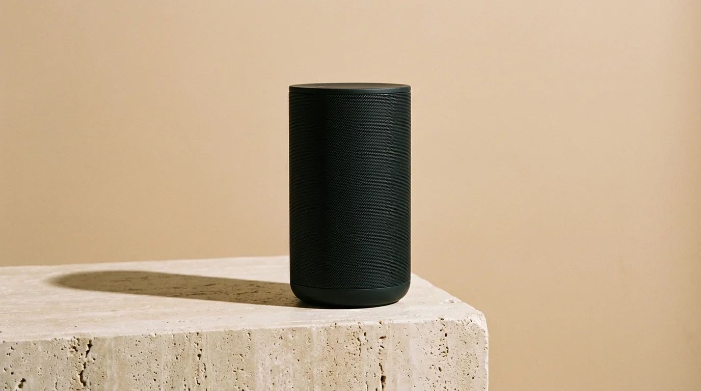 Product photo of a matte black wireless speaker on a travertine plinth, soft studio shadow, warm beige backdrop.