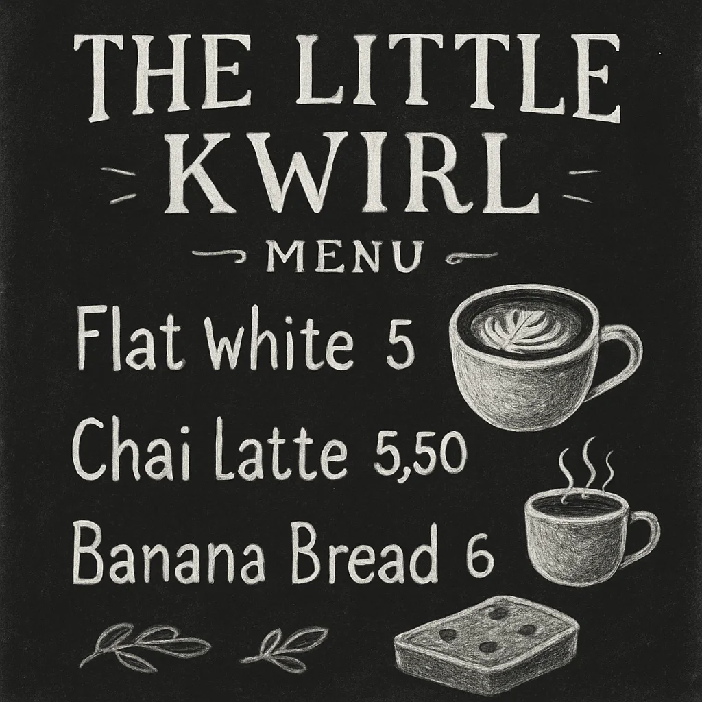 Hand-lettered chalkboard menu for a cafe called "The Little Kwirl" listing Flat white $5, Chai latte $5.50, Banana bread $6, with small doodles.
