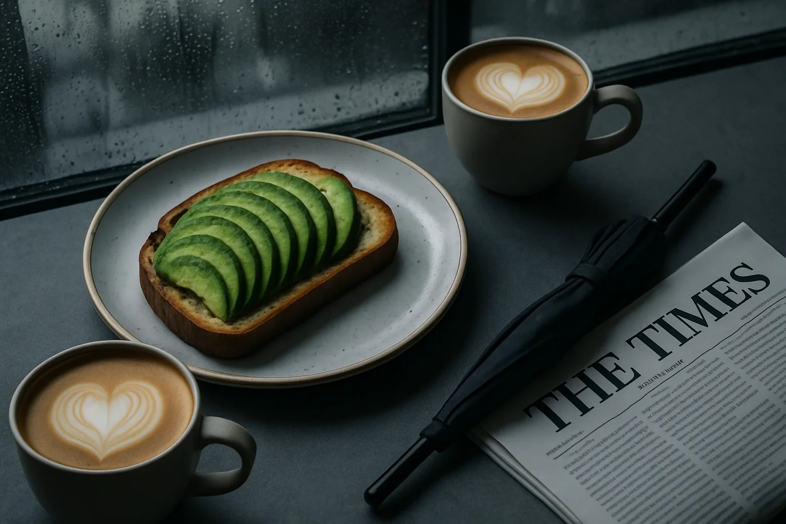 Make it a rainy afternoon: wet windows, grey light, a small umbrella leaning on the table. Keep the food the same.