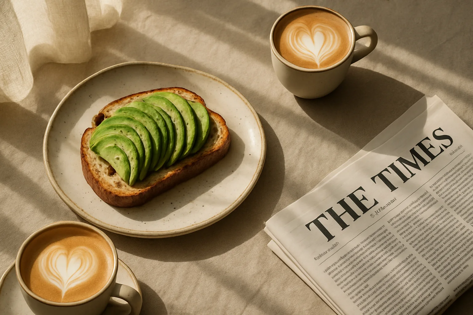 Overhead photo of a breakfast table: sourdough toast with avocado, two flat whites, a folded newspaper, morning sun through linen curtains.