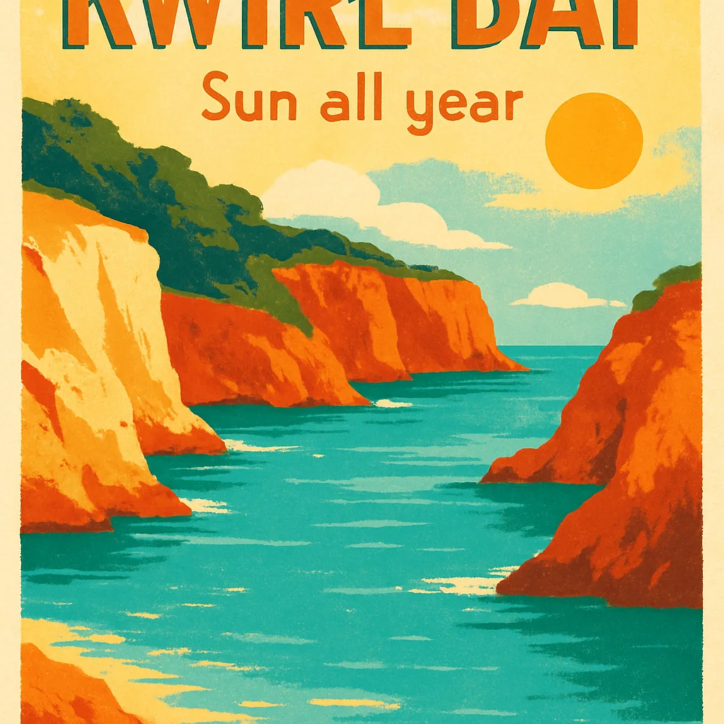 Retro travel poster for a fictional island called "Kwirl Bay". Headline "KWIRL BAY" in bold art-deco letters, smaller line "Sun all year", turquoise sea, coral cliffs, flat screen-print style.