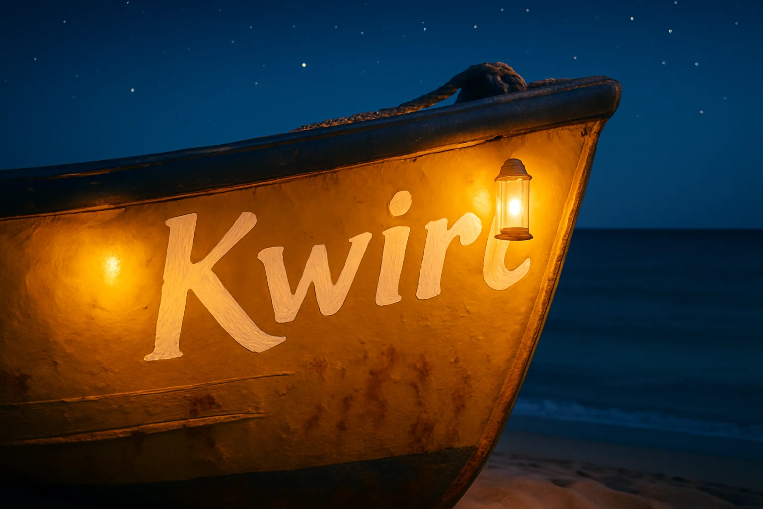 Turn this into a calm blue-hour scene: warm lanterns glowing on the boat, first stars in the sky, keep the boat and lettering exactly as they are.
