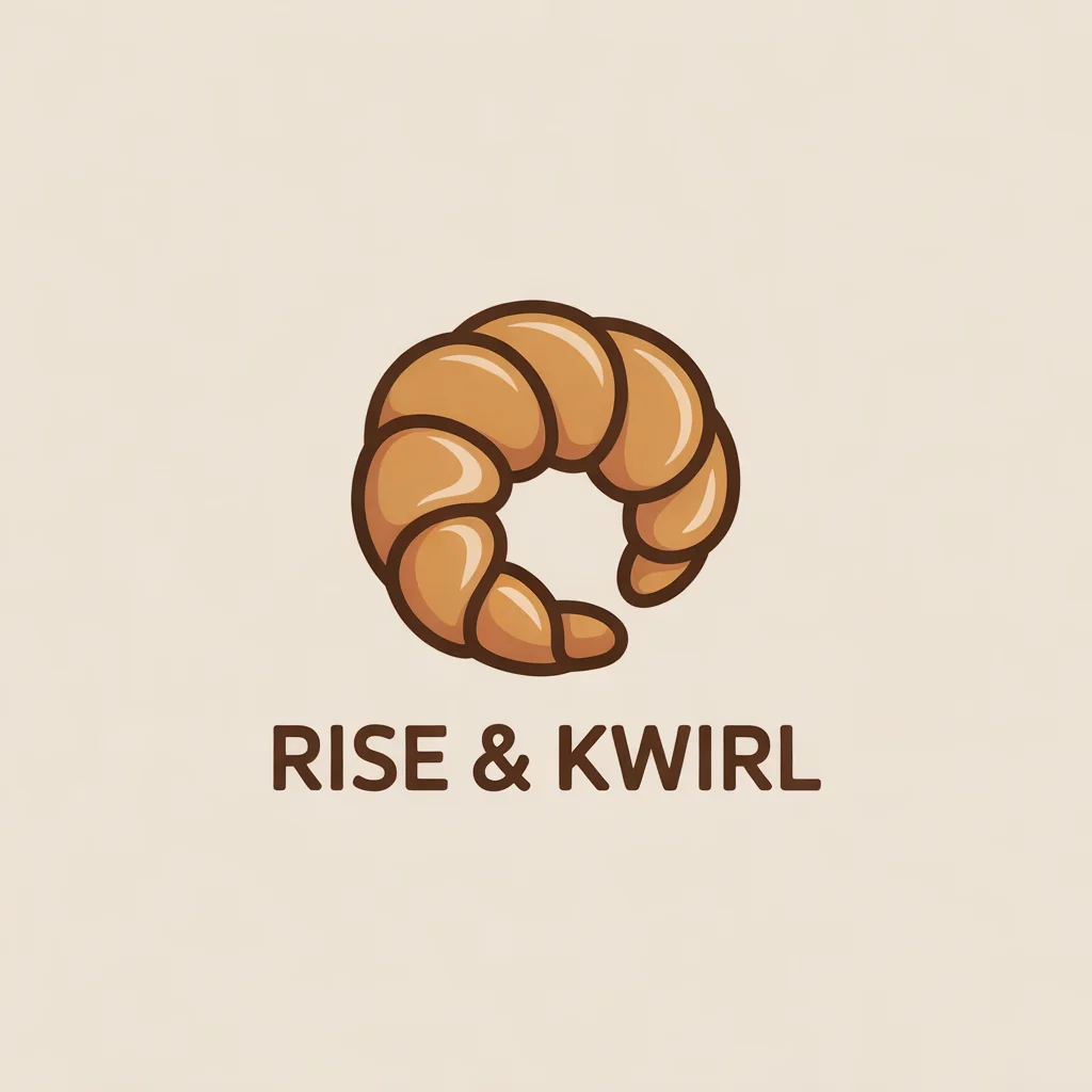 Logo for a bakery called "Rise & Kwirl": a croissant forming a swirl, warm brown and cream, clean wordmark below.