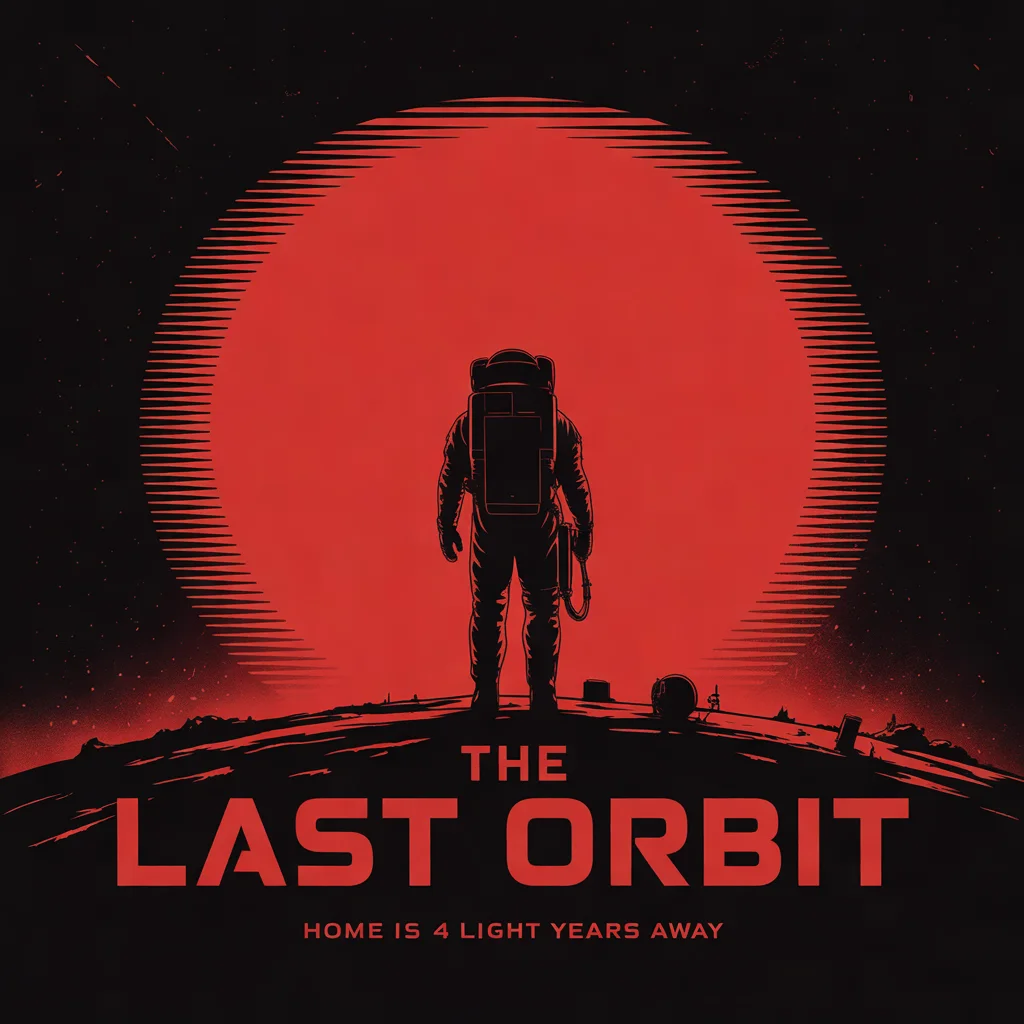 Movie poster for a sci-fi film titled "THE LAST ORBIT" with tagline "Home is 4 light years away", astronaut silhouette against a red planet.