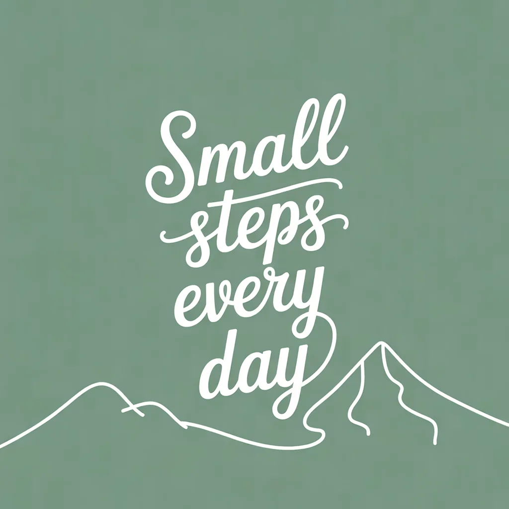 Instagram quote card that says "Small steps every day" in elegant script on a soft sage background with a thin line drawing of a mountain.