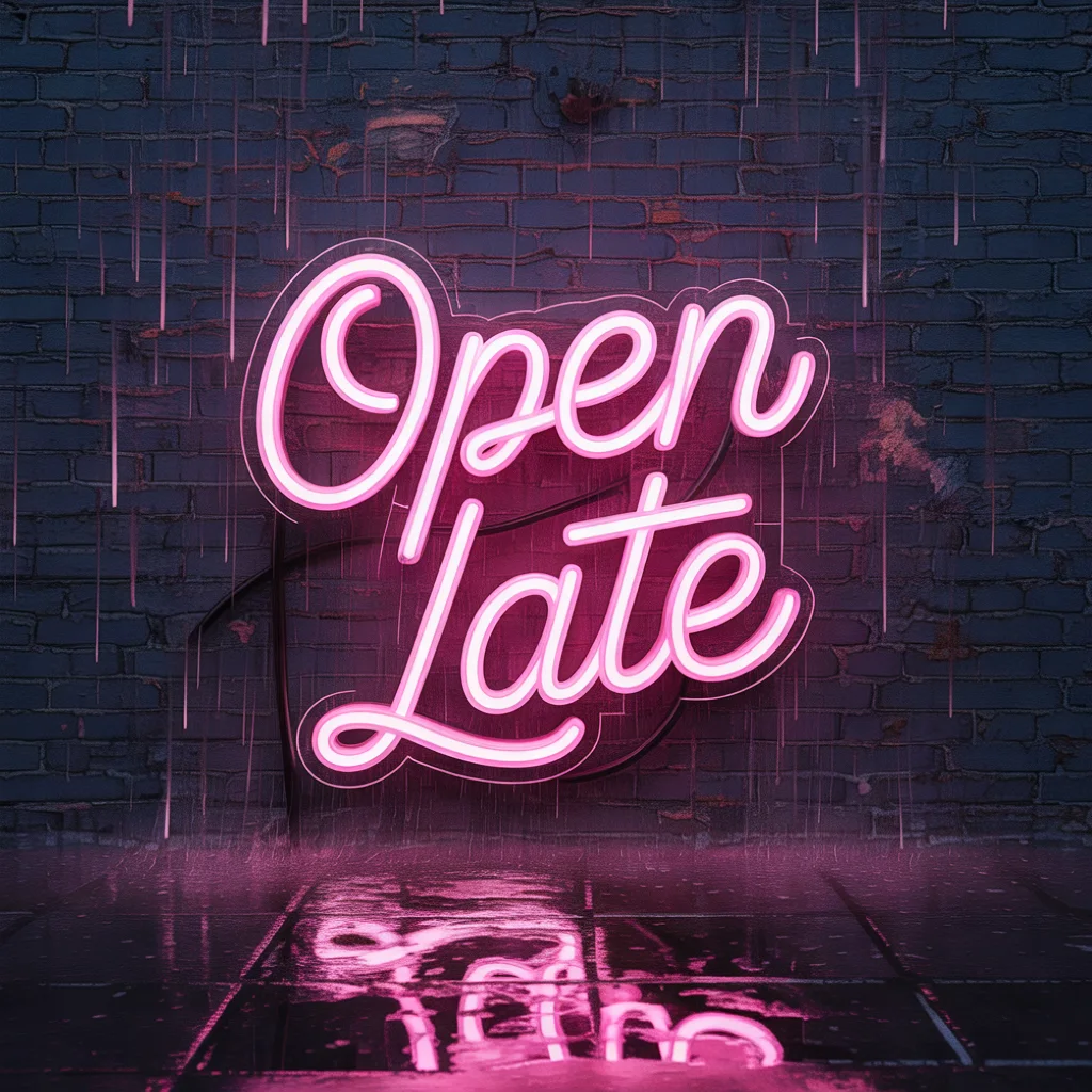 Neon sign mockup reading "OPEN LATE" in pink cursive on a dark brick wall.