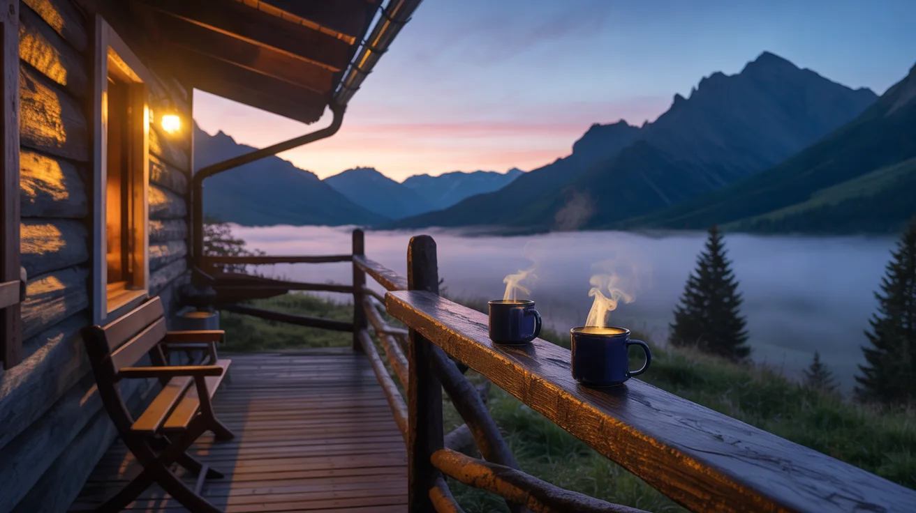 Photo of a cosy mountain cabin porch at dawn with two steaming mugs on the railing and fog in the valley.