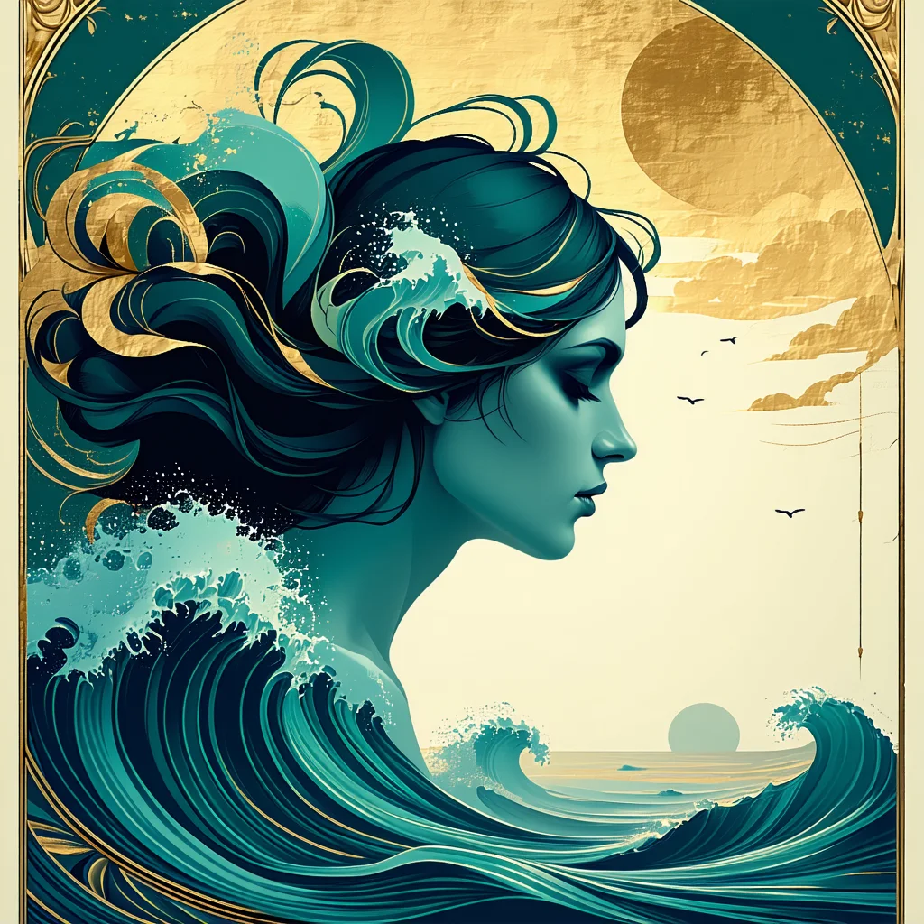 Art nouveau poster of a woman with flowing hair made of ocean waves, gold and teal palette, ornate border.