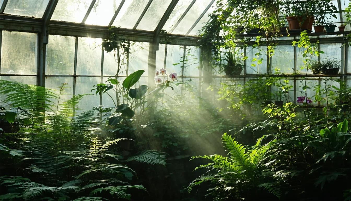 Photo of a glass greenhouse full of ferns and orchids, morning mist, sunbeams through the panes.