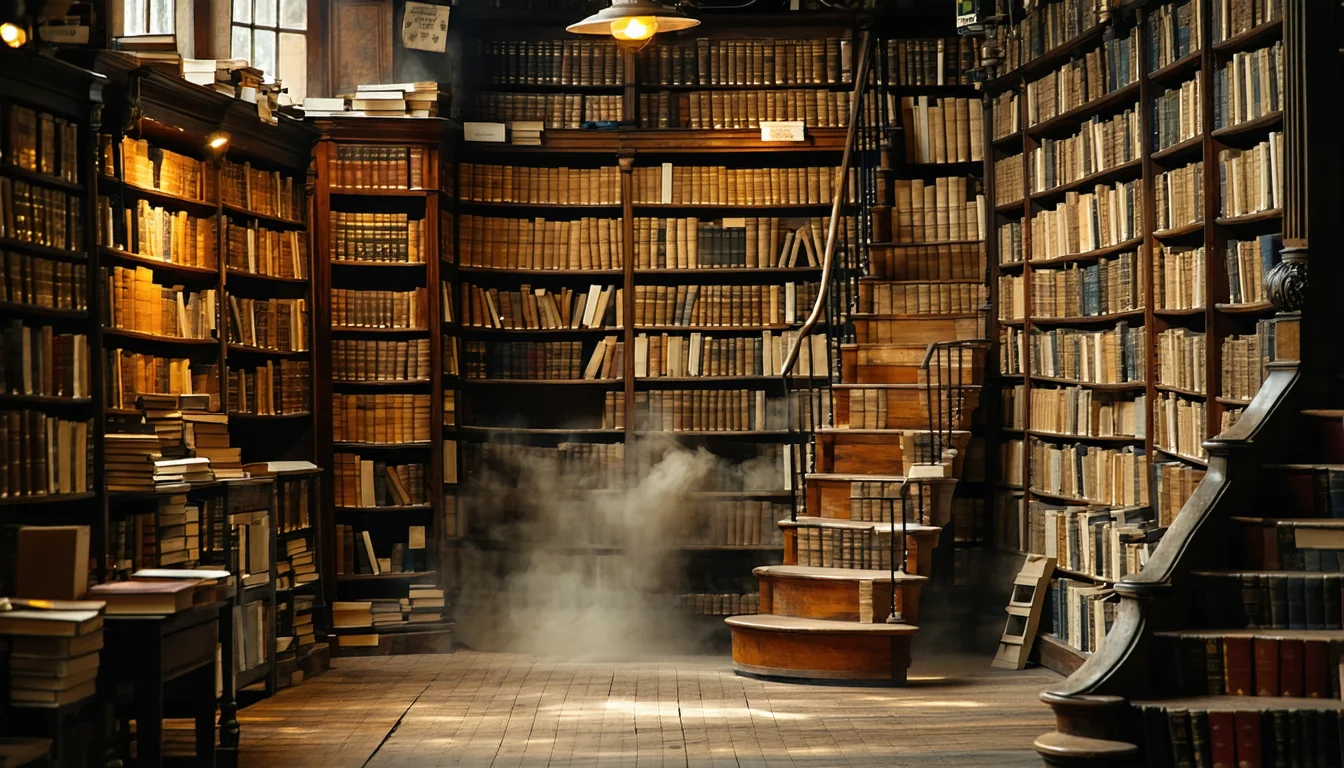 Photo of an old bookshop interior with towering shelves, a rolling ladder and warm lamplight, dust in the air.