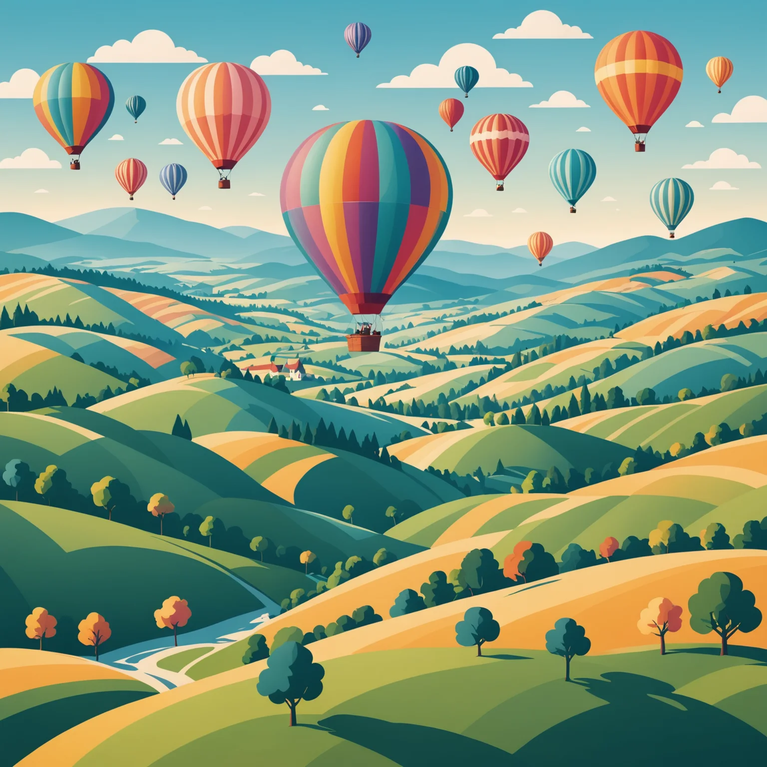 Flat vector illustration of a hot-air balloon festival over rolling hills, pastel palette, clean shapes.