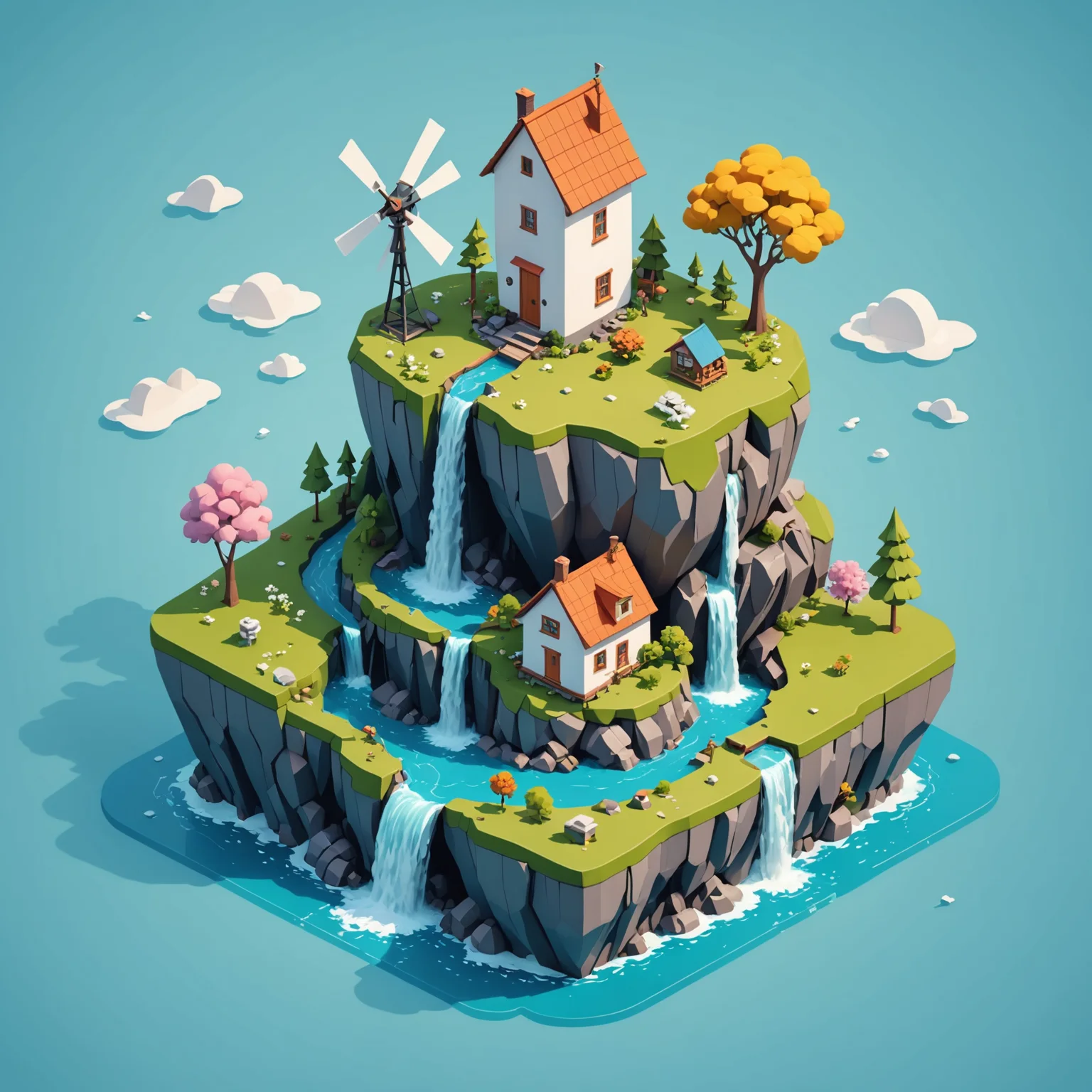 Isometric illustration of a tiny floating island with a cottage, waterfall and windmill, soft colours.