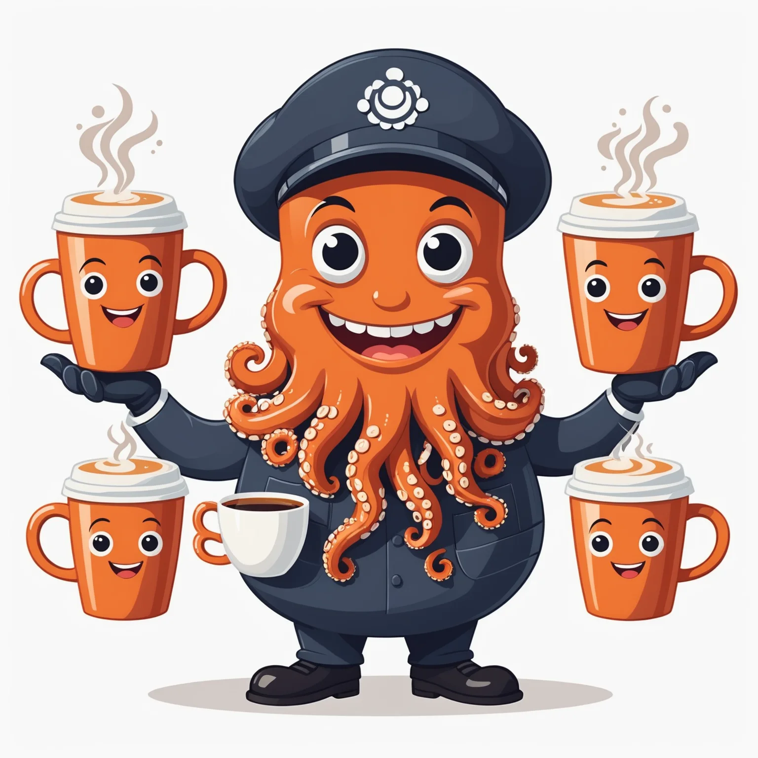 Cute mascot of a smiling octopus barista holding four coffee cups, flat cartoon style, white background.