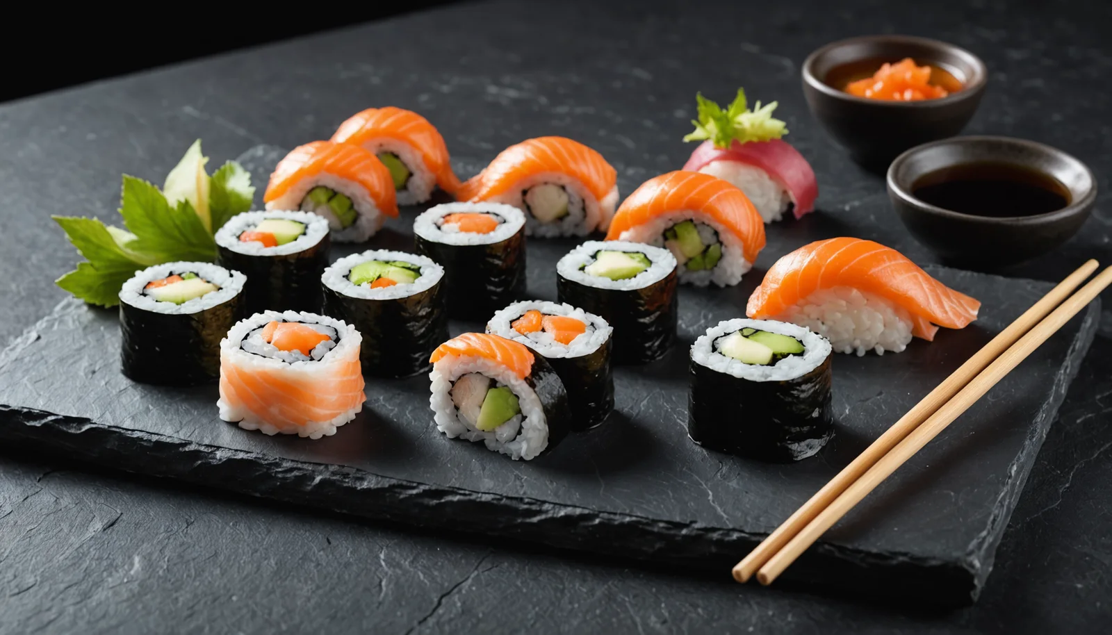 Close-up of fresh sushi on a slate board, soft side light, chopsticks resting on a ceramic rest.